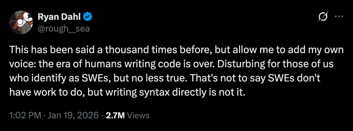 Ryan Dahl tweet over het einde van code schrijven